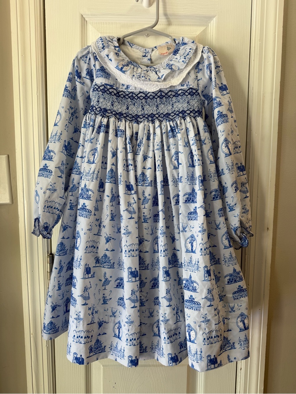 Smockingbird Blue Toile Nutcracker Smocked Long-Sleeve Dress- EUC 5